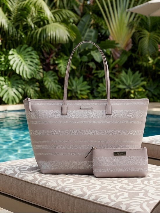 kate spade Handbags - kate spade Haven lane Hani Silver/grey Stripe Tote w/ matching makeup pouch NWT